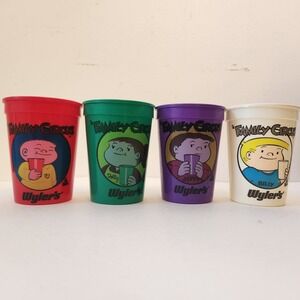 Vtg Family Circus Wylers Promo Plastic Cups Set of 4 Billy Jeffy Dolly PJ 12oz